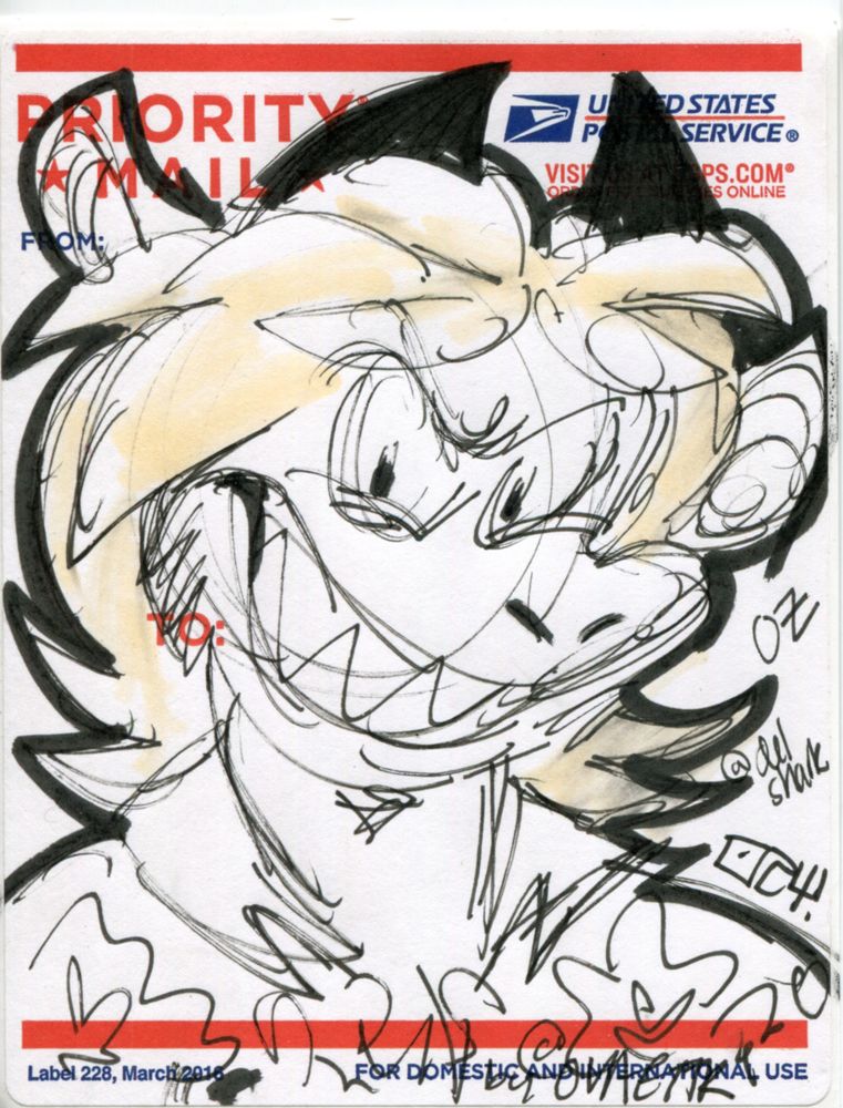 A cool sharp-toothed beast man with horns and fluffy orange hair is drawn on a USPS priority mail sticker.