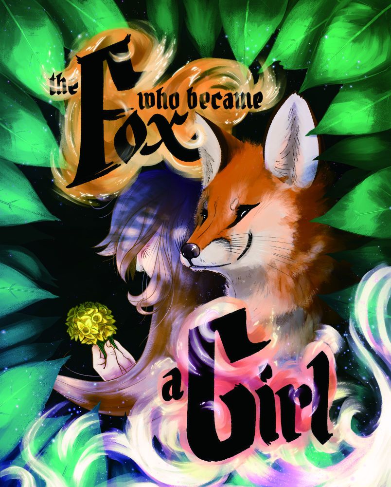 The Fox Who Became A Girl alternative cover by Gearpunk with a fox in the foreground peeking out of a bush and a girl in the background holding a yellow flower that is a symbol of lesbianism. 
