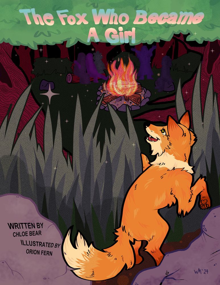 An alternative cover for The Fox Who Became A Girl by Wesley M. featuring the fox walking up to the girls around the campfire.