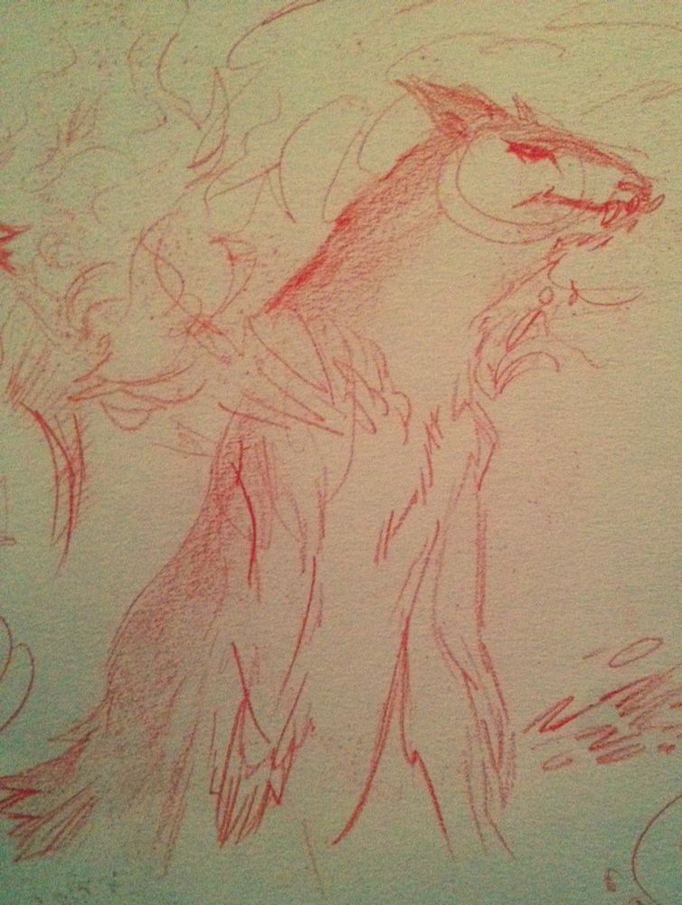 A typhlosion sketch in a sketchbook using red pencil, he is grumpy.