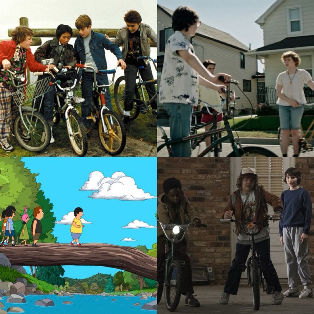 Clockwise from top left: the kids from The Goonies, the kids from It, the kids from Stranger Things and the kids from Bob’s Burgers.