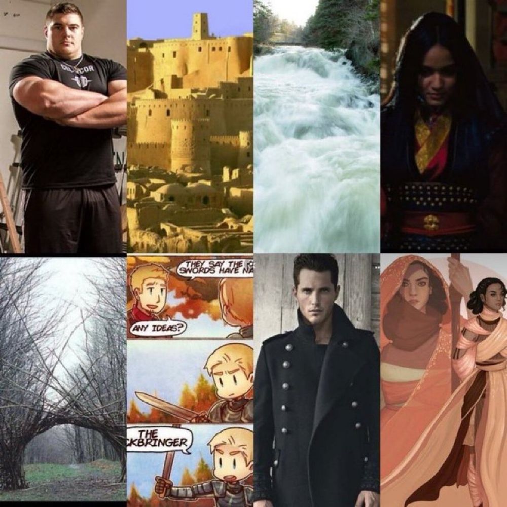 Clockwise from top left: beefy guy, a castle, raging river, a princess, a desert warrior woman, a man in a black coat, a comic strip and weird woods.