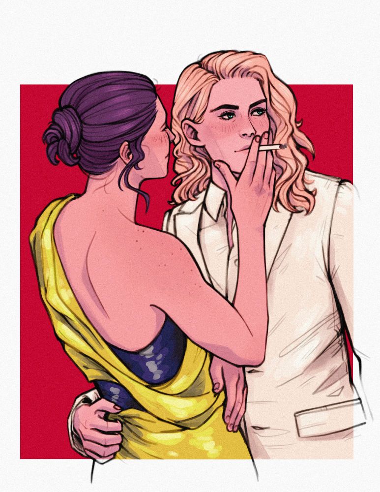 Desenho das personagens Ilsa Faust (branca com sardas, cabelo castanho, vestindo um vestido amarelo com detalhes azuis) e Alanna Mitsopolis (branca, olhos azuis e loira, vestindo terno branco) de Missão Impossível. Ilsa está de costas para a câmera enquanto segura um cigarro na boca de Alanna, que está olhando para o outro lado e segurando Ilsa pela cintura. 