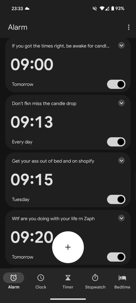 The embarrassing number of alarms I have set to be on for the candle drop in the morning