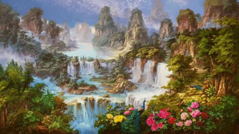 a painting of a waterfall with flowers and a peacock