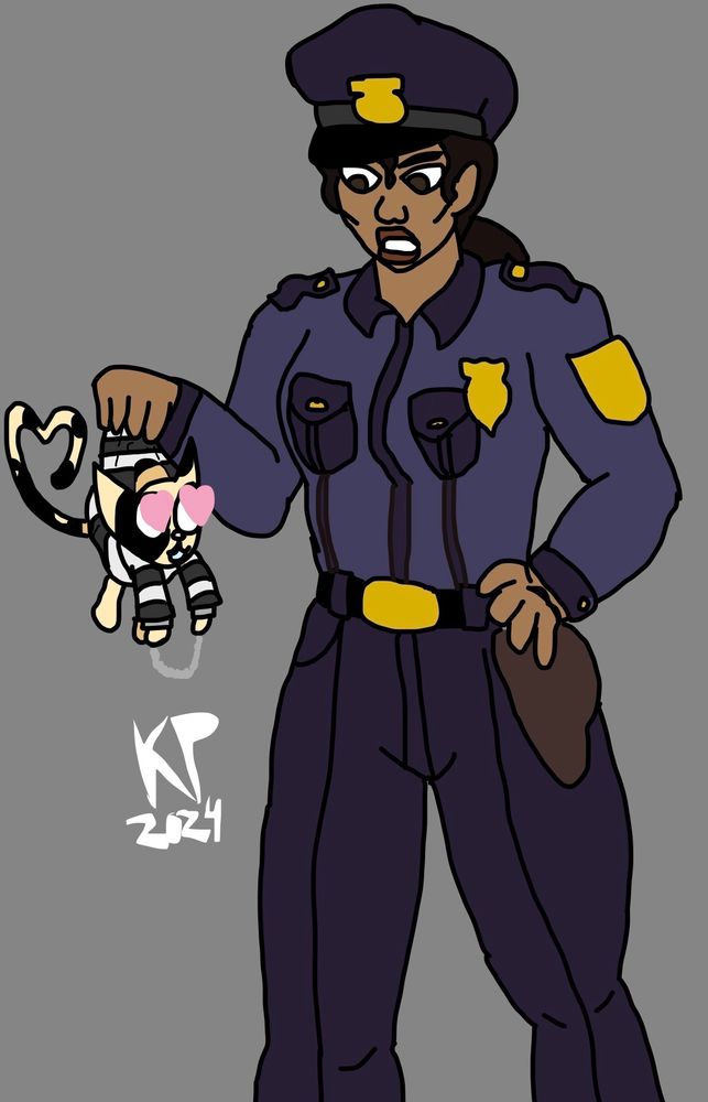 A tall sexy policewoman modeled after Renee Montoya from Batman The Animated Series wearing a more modern police uniform than hers in the show, is seen carrying me, a love struck Kats Peregrin, by my shirt, hauling my tail off to the slammer, I'm wearing the stripes and handcuffs of course.