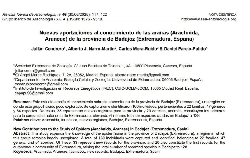 https://www.researchgate.net/publication/393876008_Nuevas_aportaciones_al_conocimiento_de_las_aranas_Arachnida_Araneae_de_la_provincia_de_Badajoz_Extremadura_Espana?_sg%5B0%5D=GvIOcZs3BMe67iXBy3y0nAf05Xp-aJEU093glW3DltxSkl9J65ZjIvh_gafl1pQltTNmPeJTQ6J9H-6KYL56igE6x8RwHuQ6l06xQqlB.ztAYiPfOkSJN3Vp_EGLqnMop5N-1cP9mn4e-SI-i_Mqak0ifGY2ltGZs8s__FhT-zIwMmrTtMPe2fB5YxHoEew&_tp=eyJjb250ZXh0Ijp7ImZpcnN0UGFnZSI6ImxvZ2luIiwicGFnZSI6InByb2ZpbGUiLCJwcmV2aW91c1BhZ2UiOiJwcm9maWxlIiwicG9zaXRpb24iOiJwYWdlQ29udGVudCJ9fQ