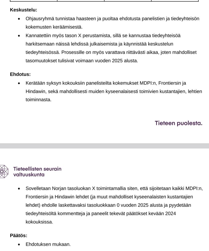 Sovelletaan Norjan tasoluokan X toimintamallia siten, että sijoitetaan kaikki MDPI:n,
Frontiersin ja Hindawin lehdet (ja muut mahdolliset kyseenalaisten kustantajien
lehdet) ehdolle laskettavaksi tasoluokkaan 0 vuoden 2025 alusta ja pyydetään
tiedeyhteisöltä kommentteja ja paneelit tekevät päätökset kevään 2024
kokouksissa