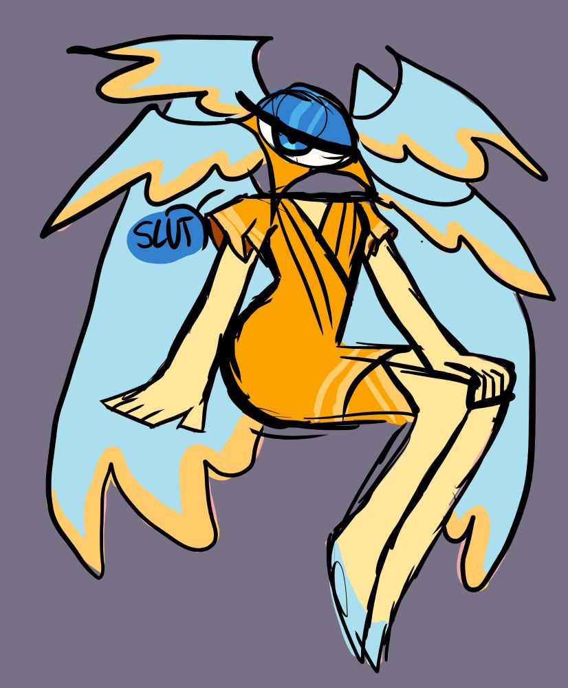 The body of a humanoid with golden skin. They have baby blue wings with golden accents at the tips. Their head is a half-lidded eye with two more pairs of wings.