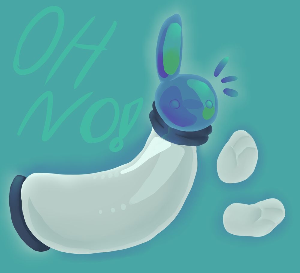 A creature resembling a pawn chess piece with a singular bunny ear and floating hands. The head is blue, the body and hands are white, the neck and base are dark blue. It is falling with the text "Oh No!" On top of them.