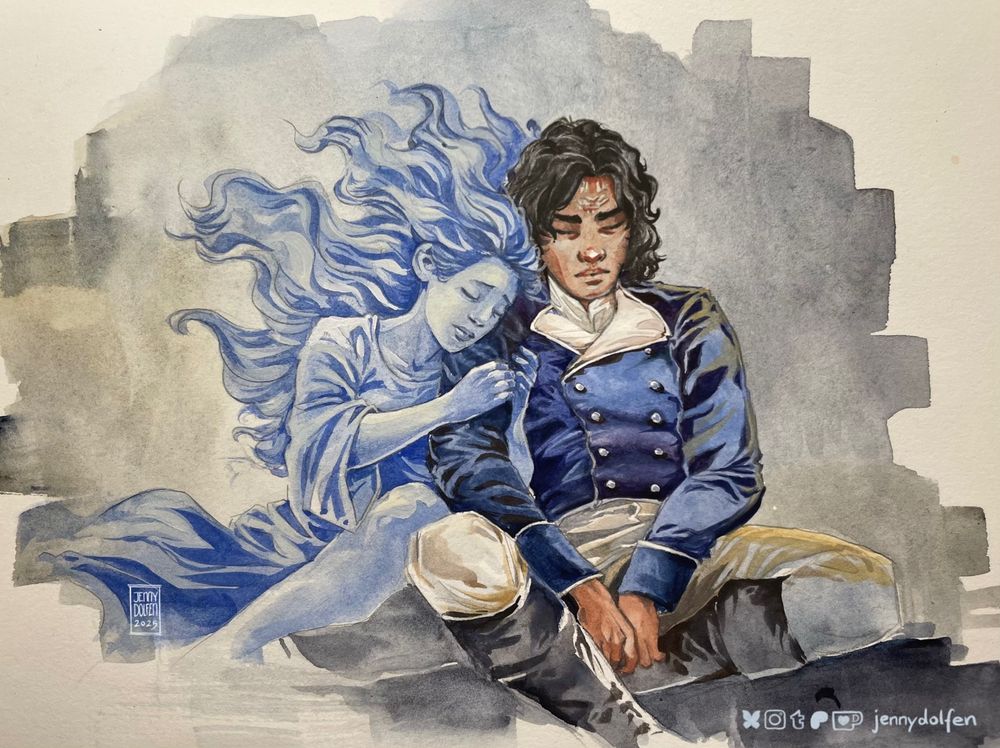 Syl and Kaladin from the Stormlight Archive by Brandon Sanderson, painted in gouache. They're sitting side by side, both with their eyes closed. Kaladin slumps in a resigned way, wearing his blue Wall Guard uniform. Syl's arms are wrapped around his, her head in his shoulder, her bluish hair flying in an invisible wind as she tries to comfort him. 