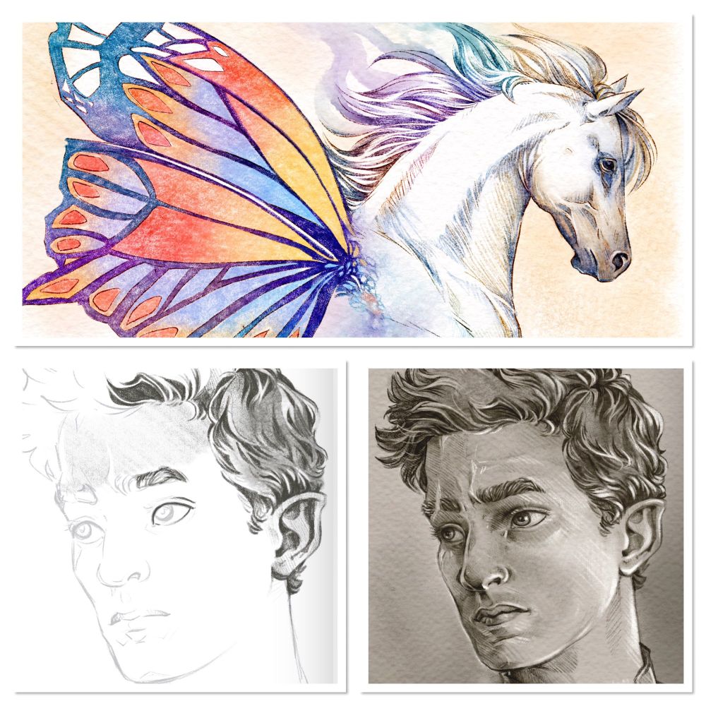 A butterfly-winged horse and Orym in a pencil look, drawn with my Pencil, Ink and Hatch set. 