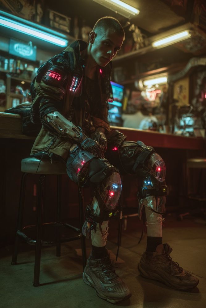 Man with cybernetic limbs and glowing prosthetics sits in a dimly lit, futuristic bar.