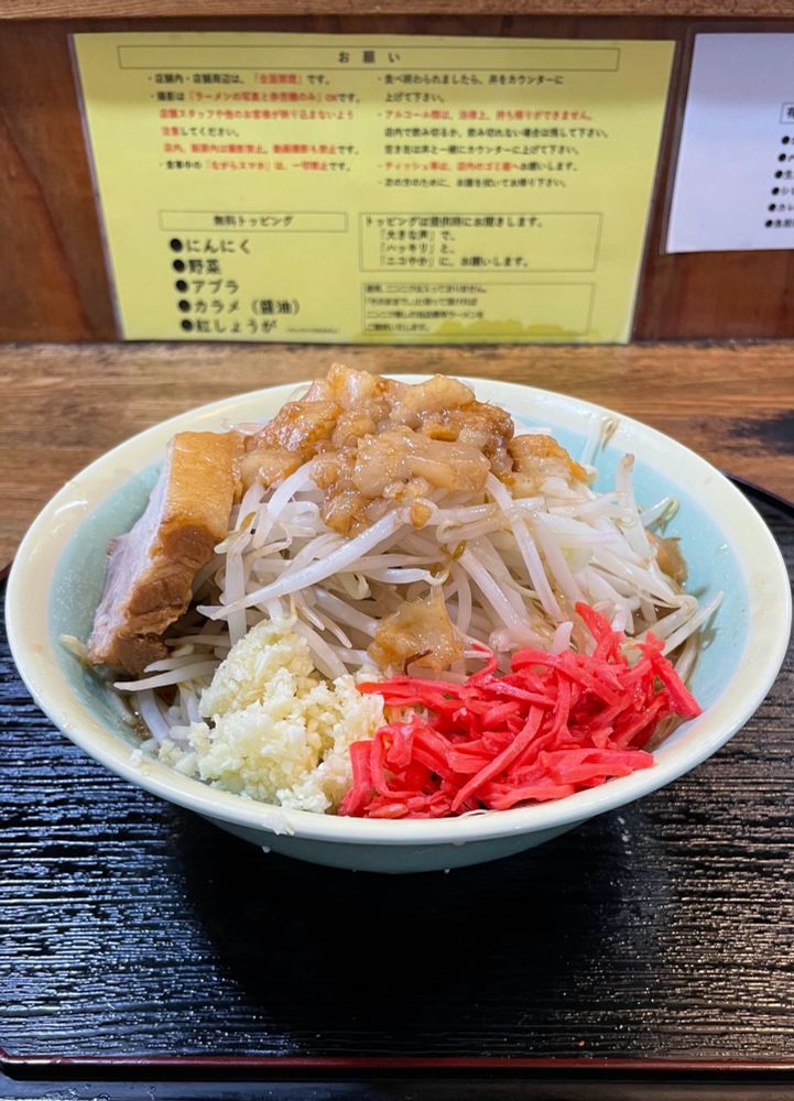 小にんにく野菜アブラ紅しょうが（ラーメンめじ仙川店）¥900

紅しょうがと麺を同時に食べると、
屋台の焼きそばを彷彿とさせる味がする
アブラに味が染み込んでいて美味しかった

青空ごはん部、外食班、ラーメン部