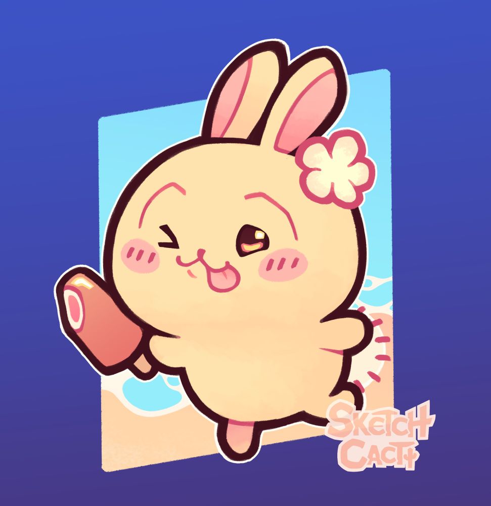 A drawing of Usagi running down the beach with a popcicle and a flower on their head