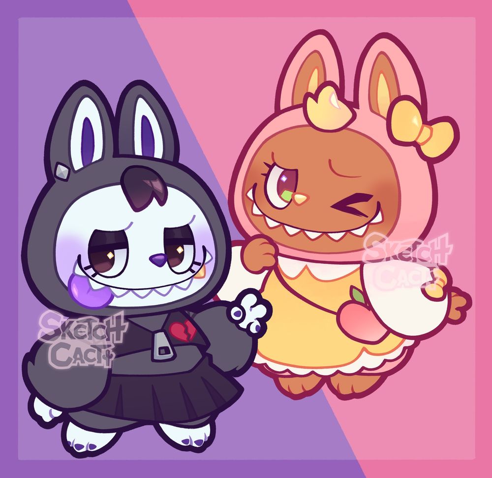 Drawing of 2 oc Labubu designs. They’re girlfriends 