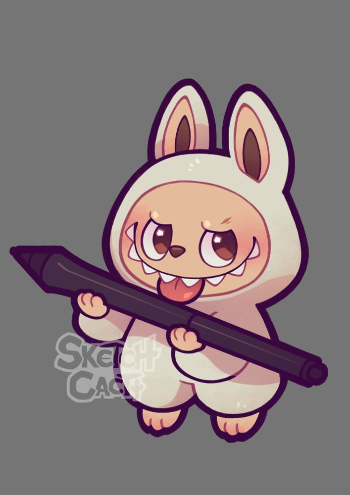Drawing of a Labubu holding a stylus pen for a tablet