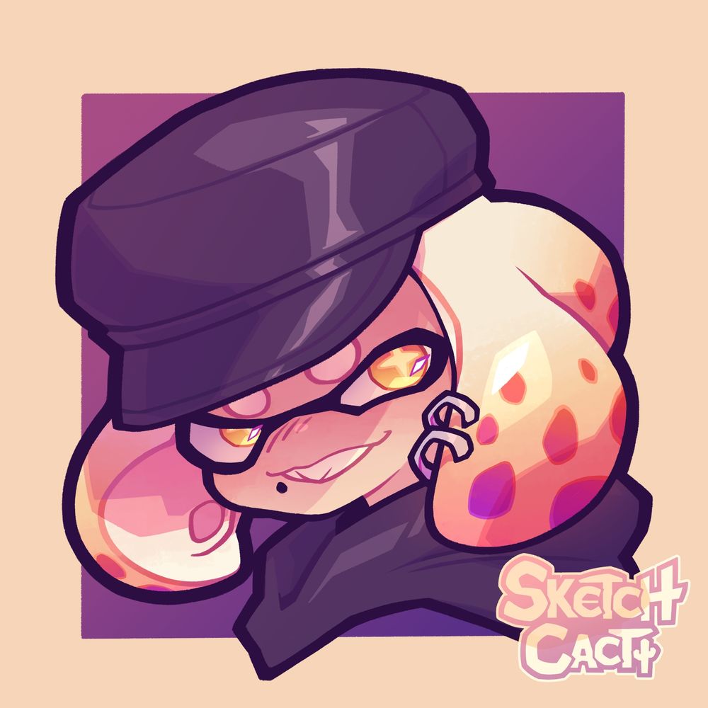 Bust drawing of Pearl from Splatoon wearing a dark purple cap and hoodie 
