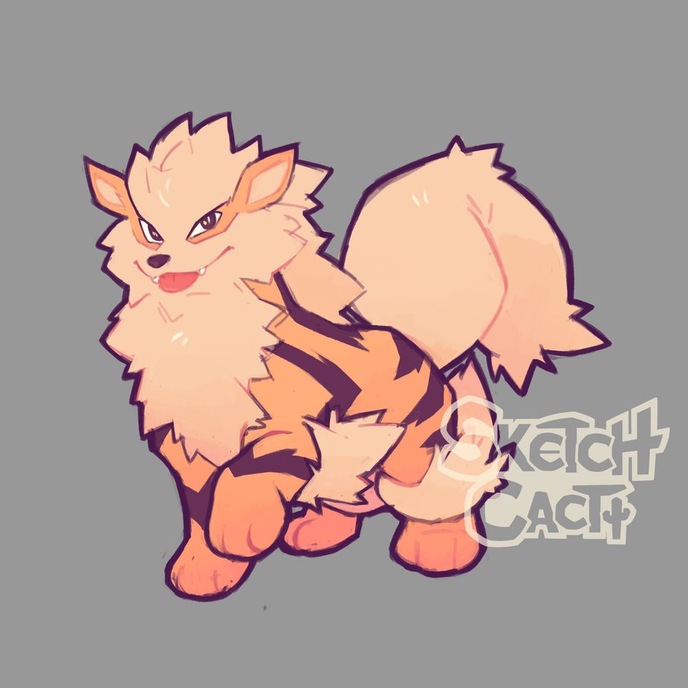 A drawing of Arcanine from the Pokémon franchise on a gray background