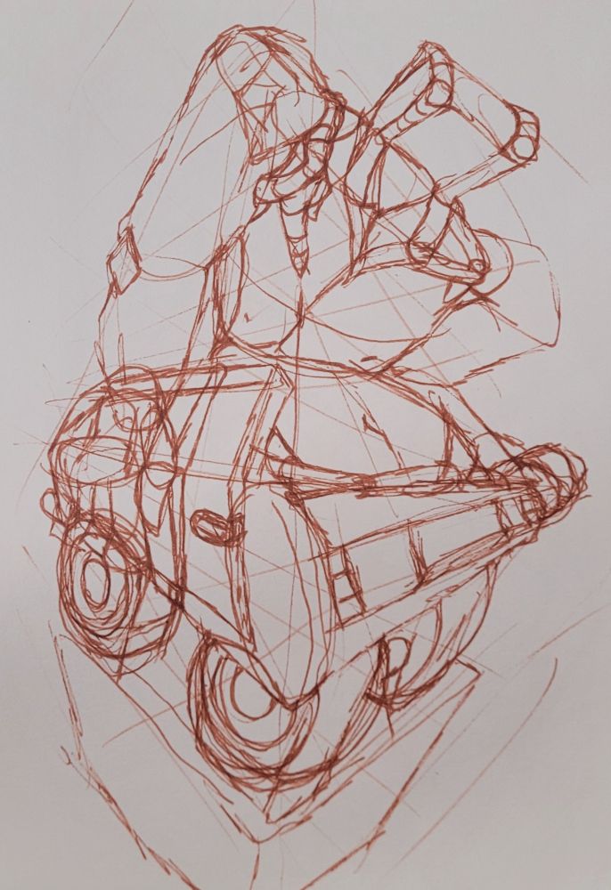 Sketch of a man driving a car.