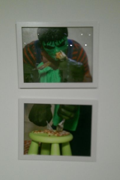 Two photographs depicting The Very Real Hulk enjoying himself some fine authentic pizza.