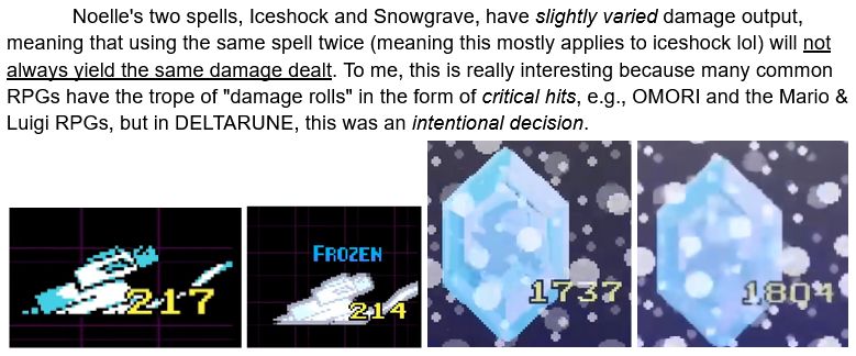 two screenshots of iceshock cast on a tasque. the first one deals 217 damage, the second deals 214.
two screenshots of snowgrave cast on berdly. the first one deals 1737 damage, the second deals 1804.