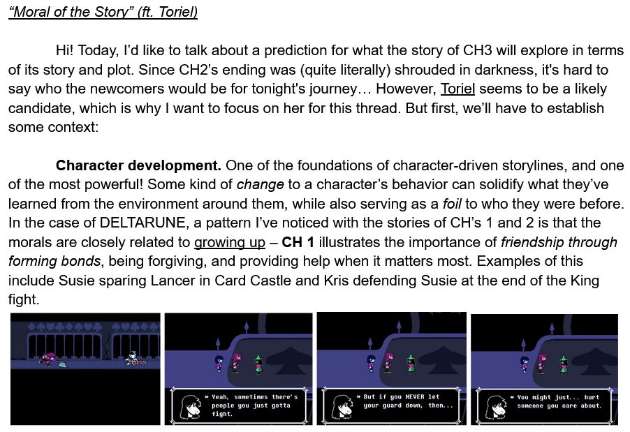 screenshot of susie sparing lancer in card castle basement.
screenshots of kris, susie and ralsei at the top of card castle, post King-fight). susie says "Yeah, sometimes there's people you just gotta fight. But if you NEVER let your guard down, then... You might just... hurt someone you care about."