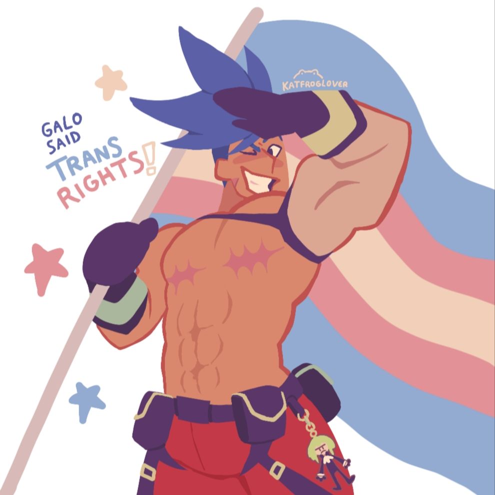 Art of Galo Thymos, a character from the movie called "Promare", holding a transgender flag. He also has a keychain of Lio Fotia, from the same movie. 
There's a text on the art saying "Galo said trans rights!"