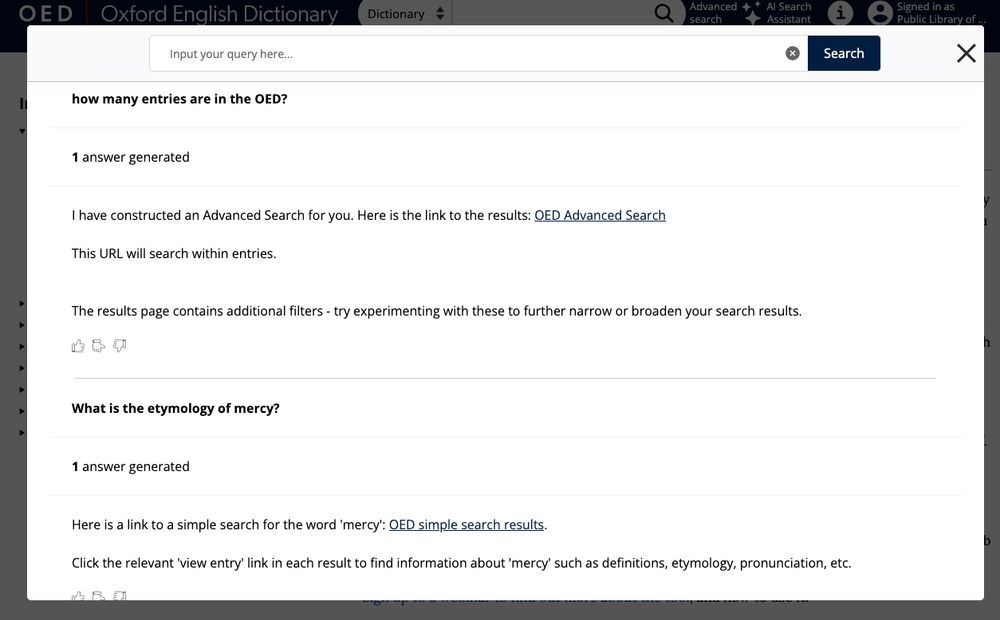 A screen capture of the search results of the OED's new AI Search Assistant, showing black text on a white background with basic explanatory text providing links as answer to two queries. The first is "How many entries are in the OED?" and the second is 
What is the etymology of mercy?"