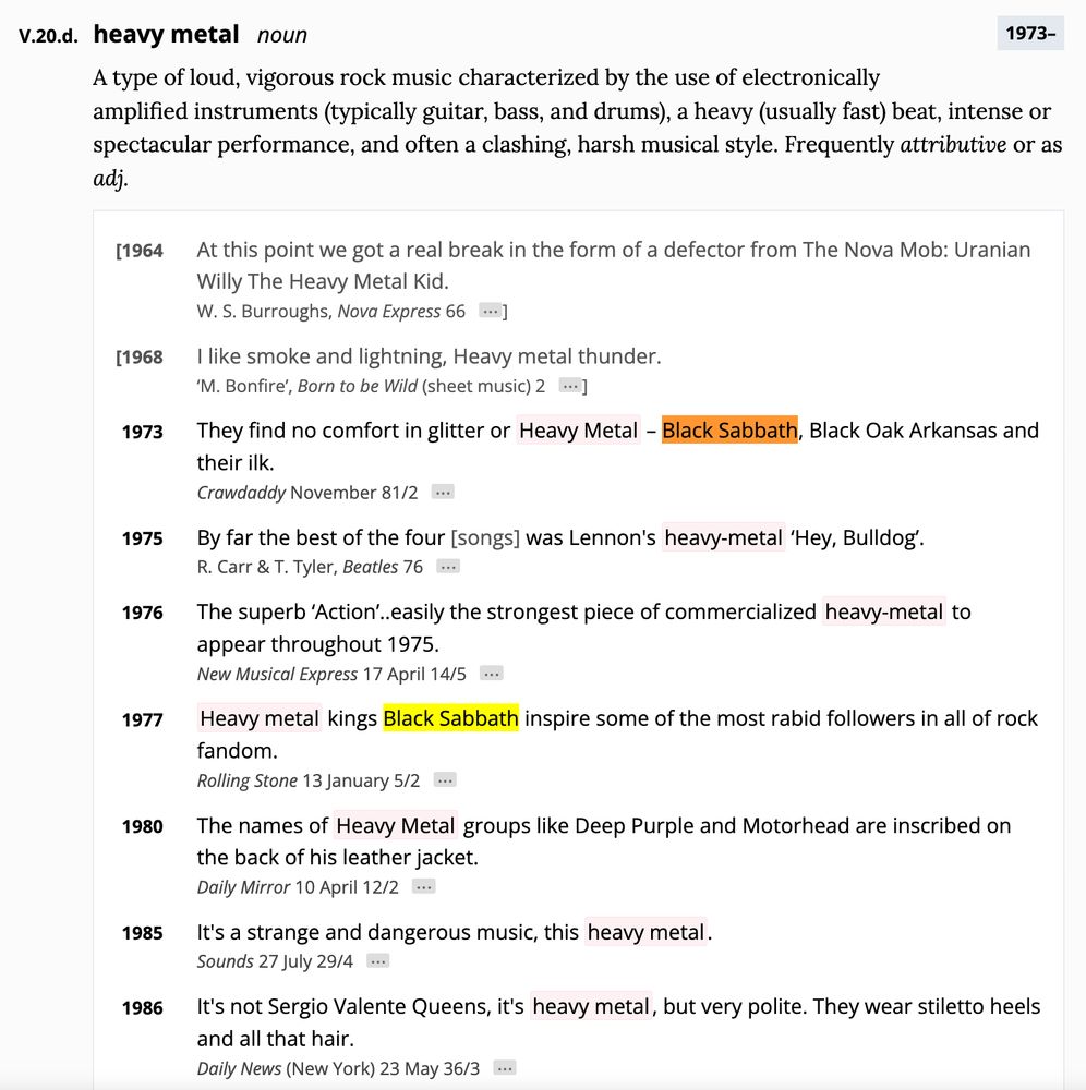 A screen capture of the Oxford English Dictionary's entry for "heavy metal," twice citing Black Sabbath, which vocalist Ozzy Osbourne was a key part of forming.