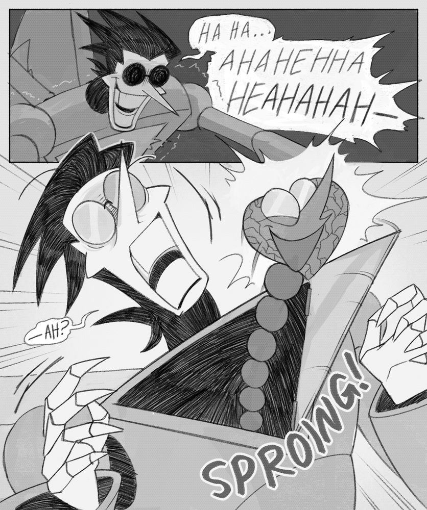 PANEL 3: Spamton looms and laughs darkly; "HA HA... AHAHEHHAHEAHAHAH—"
PANEL 4: Spamton's Heart Attack leaps out of his chest, looking very happy, much to his shock. "—AH?"