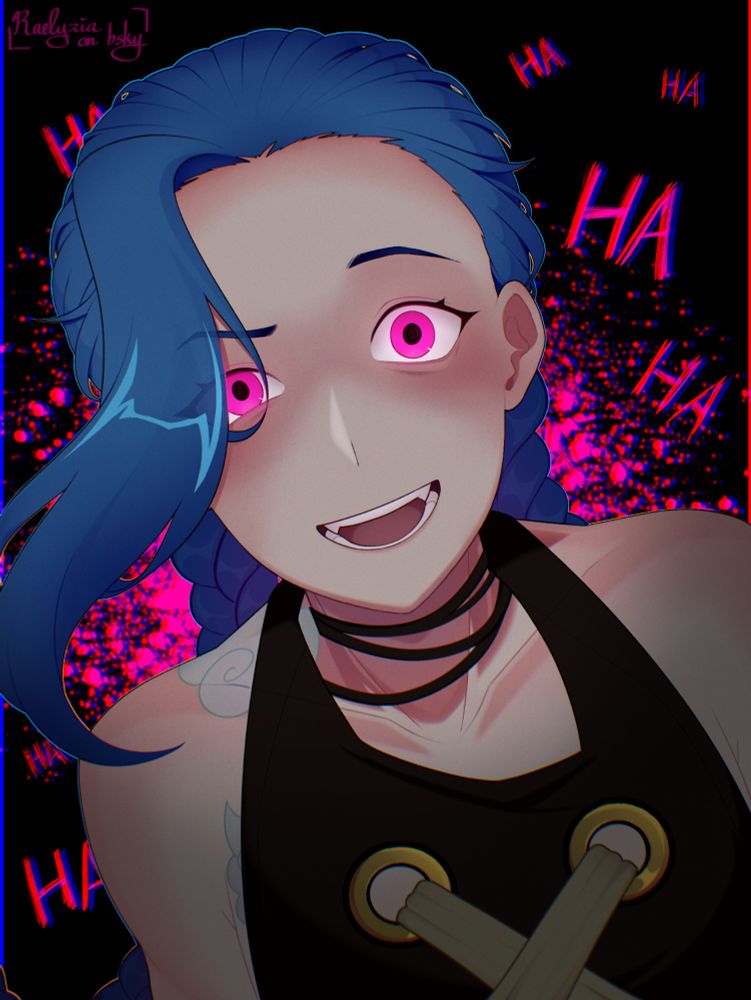 A bust up illustration of Jinx from Arcane laughing at the screen