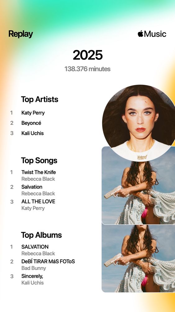 resumo do ano apple music.
top 3 artistas: katy perry, beyoncé, kali uchis
top 3 músicas: twist the knife (rebecca black), salvation (rebecca black), all the love (katy perry)
top 3 álbuns: salvation (rebecca black), debí tirar más fotos (bad bunny), sincerely, (kali uchis)