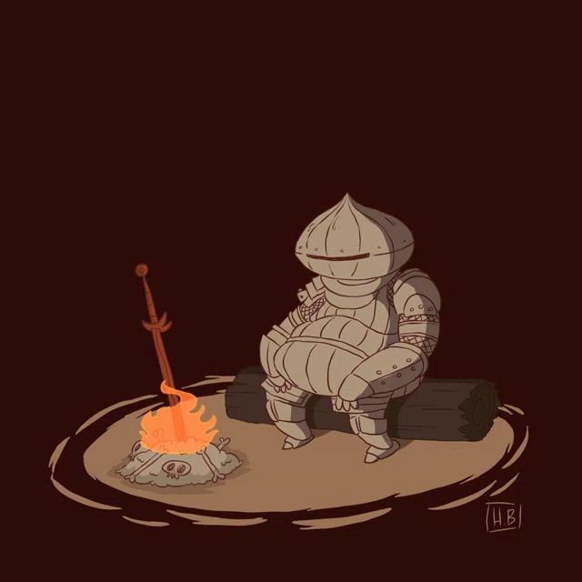 a drawing of a knight sitting next to a fire with the letters hb on the bottom right