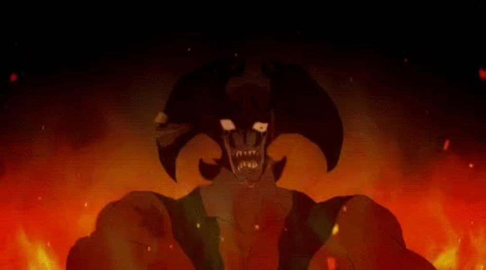 a cartoon of a man in a cave with flames coming out of his mouth .