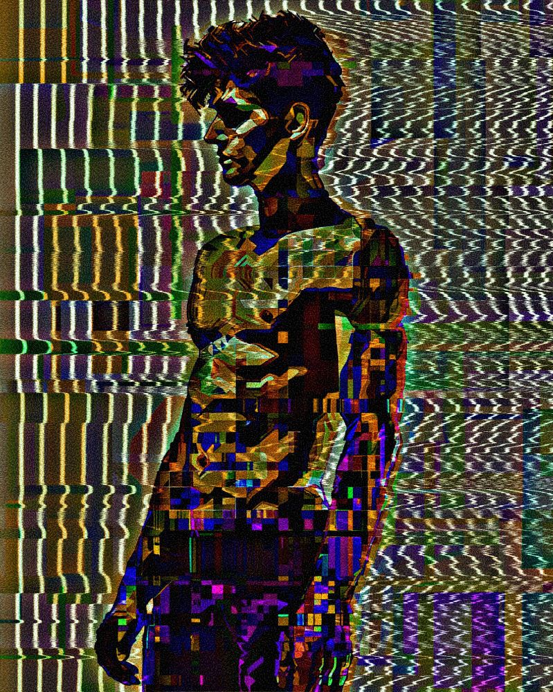 A 3/4 standing profile pose of a topless human figure. the background is a series of static like waves. The persons body is covered multi colored glitch elements. 