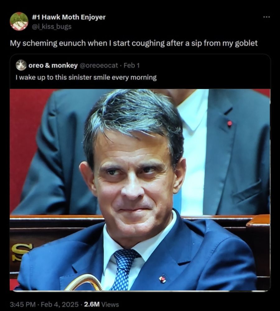 Tweet cité : "I wake up to this sinister smile every morning"
Tweet citant : "My scheming eunuch when I start coughing after a sip from my goblet"
La photo a été remplacée par une capture écran de Manuel Valls souriant à l'assemblée nationale lors du discours de sortie de François Bayrou