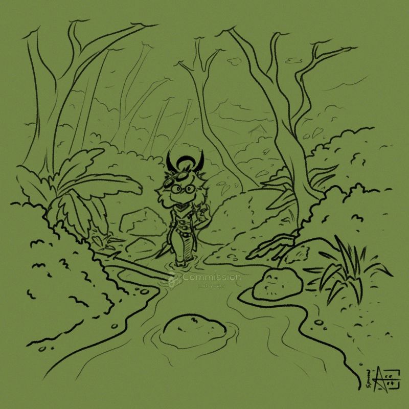 a digital doodle of a forest scene with a character stalking towards the viewer on a green background