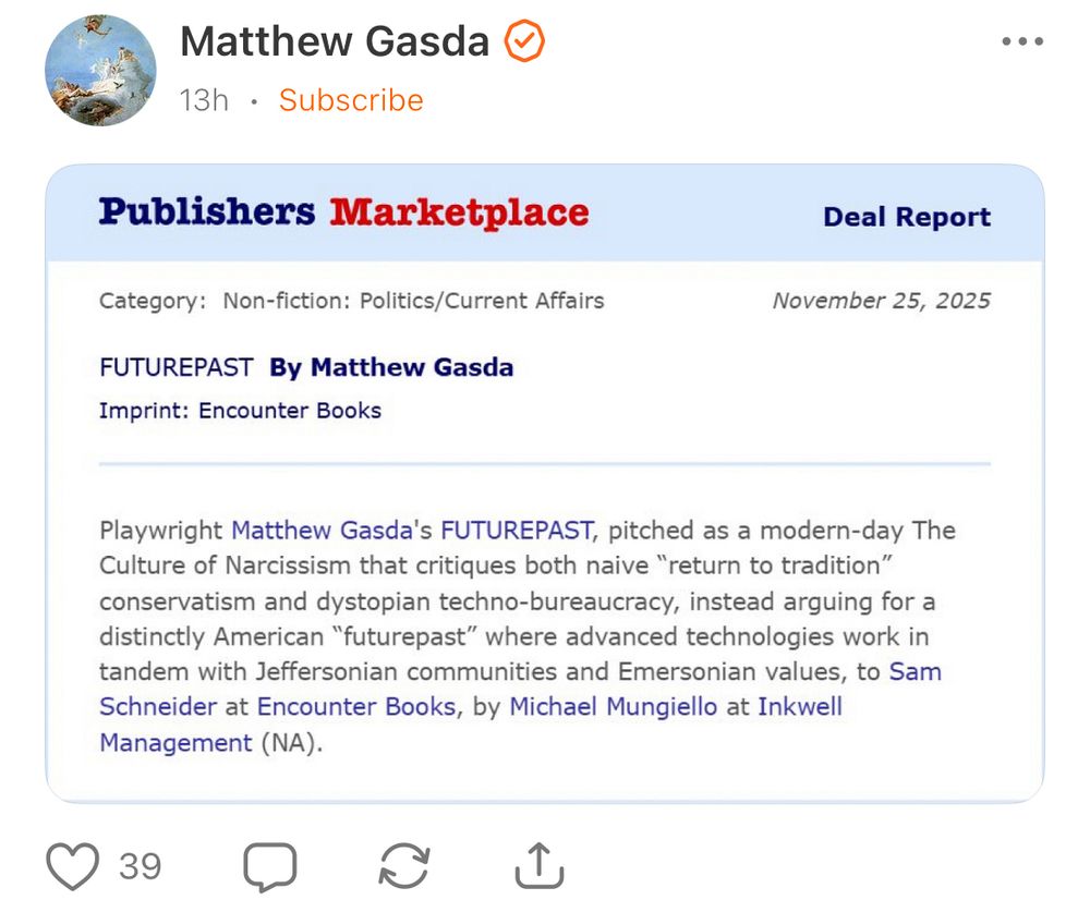 Publishers Marketplace announcement of signing of fascist book from Gasda