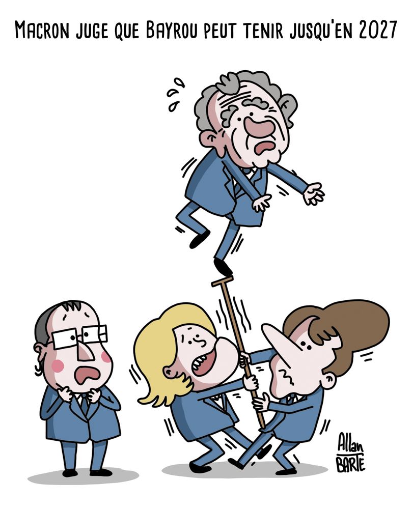 Titre :   Macron juge que Bayrou peut tenir jusqu’en 2027

Tandis que François Hollande frémit de peur, dans un numéro d'équilibriste, Emmanuel Macron et Marine Le Pen tentent de maintenir, au bout d'un bâton, François Bayrou, en sueur et visiblement instable, élevé dans les airs.