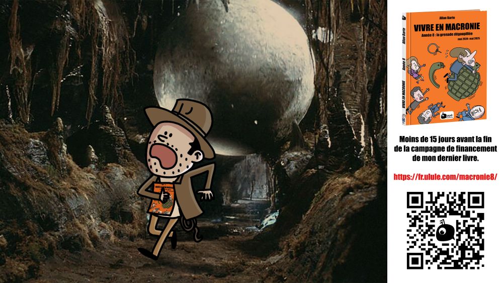 Dessin d'Indiana Jones courant, le livre Vivre en Macronie en main, devant une énorme boule de pierre.