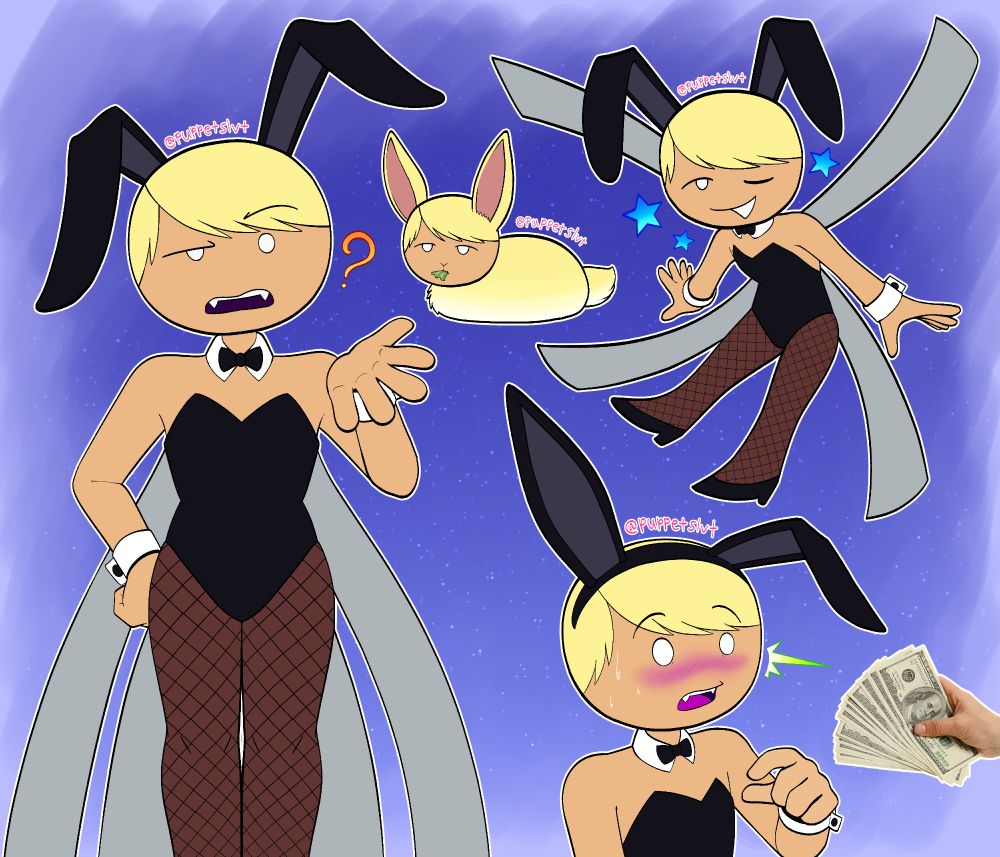 An assortment of doodles depicting Randal Octogonapus in a bunnysuit. Each show him doing the following:

1. Facing the viewer with a confused expression, standing there with his head slightly tilted to his right and one hand on his hip while the other is raised up.
2. Protrayed as a literal bunny eating lettuce. He still has his mostly regular face but with rabbit nose instead.
3. Has slightly more toony proportions, winking and doing a cute little pose.
4. Blushing and sweating a bit upon being offered hundreds of dollars.