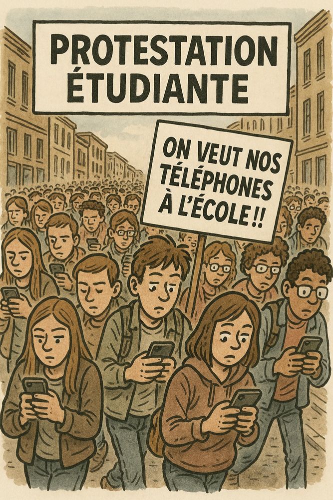 Image "parodique" d'une manifestation de jeune faites sans doute par un vieux X ou un jeune boomer qui passe sans doute autant sinon plus de temps sur son cell, mais eille! lEs jEuNEs çA pAssE lEUr viE sUr lEuRS cELl...  Criss, Richard Martineau disait que les carrés rouges se plaignaient la bouche pleine parce qu'on avait des téléphones cellulaires, comme c'était un luxe d'avoir un osti de cell au 21e siècle...
