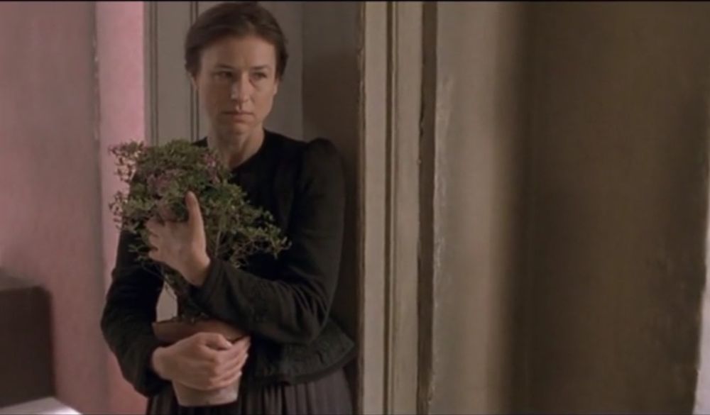 Corinna Harfouch as Czech writer Božena Nemcová standing in a doorway while holding a plant tight to her chest