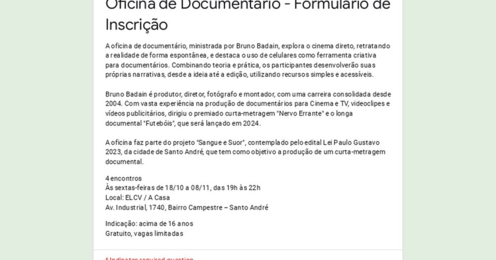 Oficina de Documentário - Formulário de Inscrição