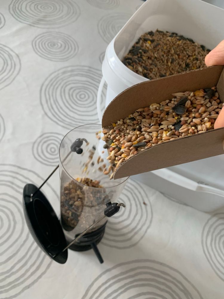 La petite-pelle-en-carton-à-plier-soi-même en train de remplir une mangeoire à oiseaux. 