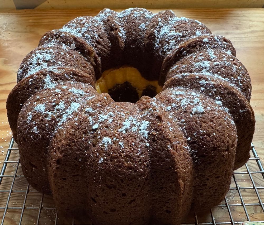 A Bundt cake dusted with icing sugar