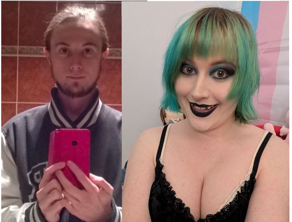 Pre transition pic of Revy.
Neck beard chinny and hair balding.
Very thin.
Revy now
Blue greenish hair & hair shadow and black lipstick and showing her fangs.
Her bobs are bobbin 