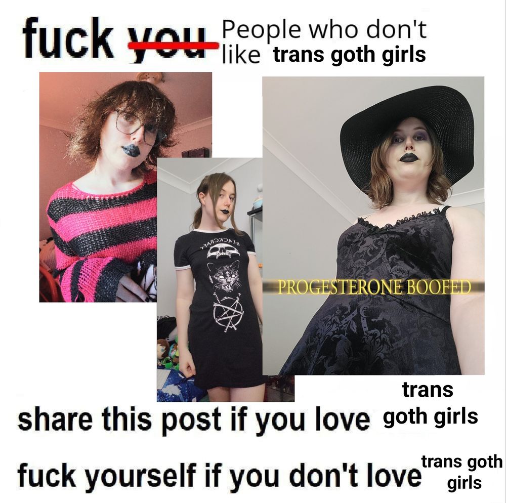 Multiple images of a trans goth girl Revy.
There's text saying 
fuck you People who don't like trans goth girls
share this post if you love trans goth girls
fuck yourself if you don't love trans goth girls