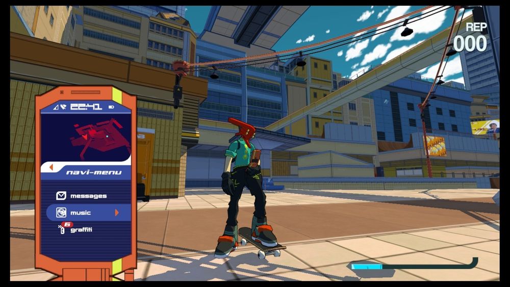 Screenshot of the game Bomb Rush Cyberfunk
The character Red is holding a phone